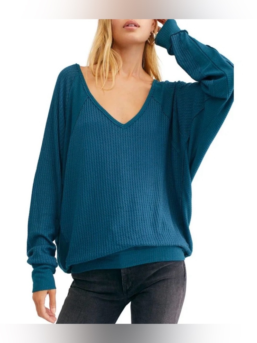 Free People Santa Clara Thermal Top Blue Teal Slouchy V-Neck Medium